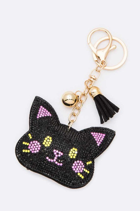 Midnight Meow Rhinestone Keychain Black