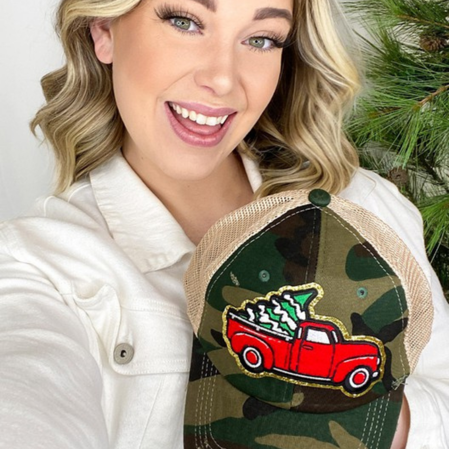 Chenille Christmas Vintage Truck Hat Camo Green One Size