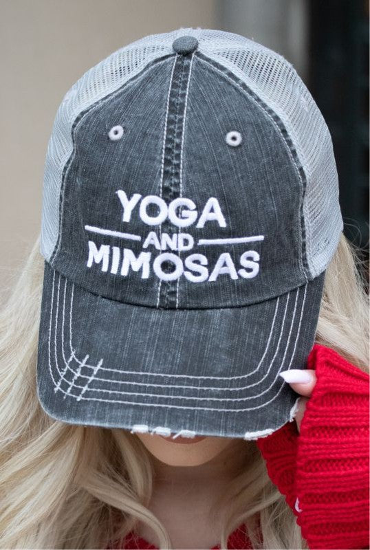 Yoga and Mimosas Embroidered Trucker Hat Grey Mesh Trucker OS