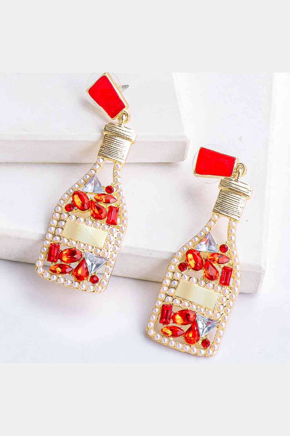 Wine Bottle Dangle Earrings Red One Size