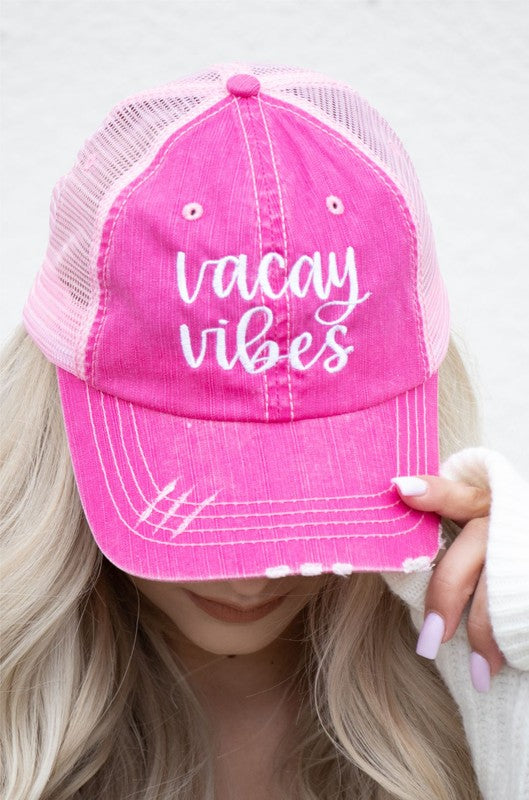 Vacay Vibes Embroidered Trucker  PInk OS 