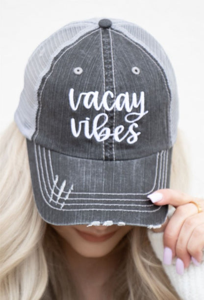 Vacay Vibes Embroidered Trucker  Grey Mesh Trucker OS 