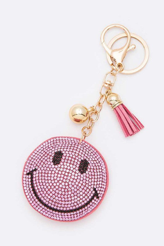 Smily Face Rhinestone Keychain  Pink  