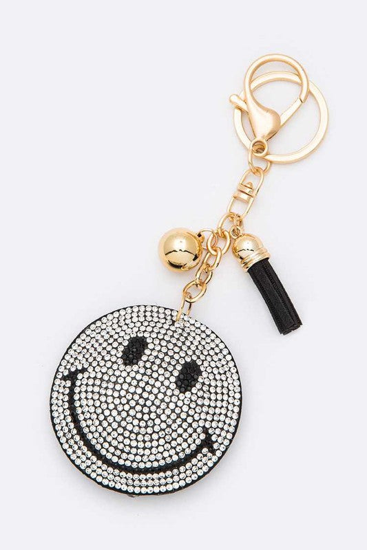 Smily Face Rhinestone Keychain  Black  