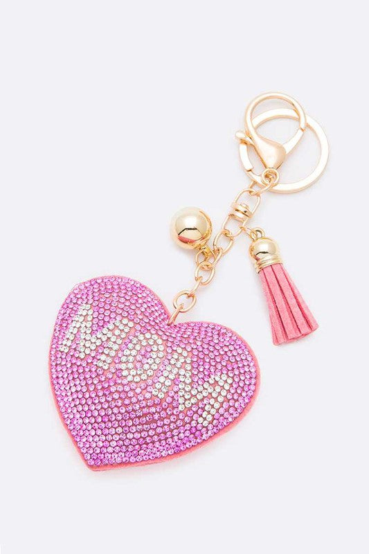 Mom's Love Sparkle Heart Keychain  Pink  