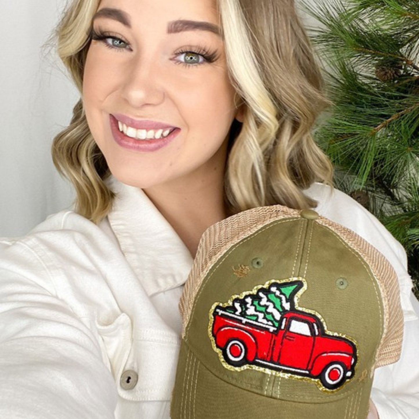 Chenille Christmas Vintage Truck Hat  Olive One Size 