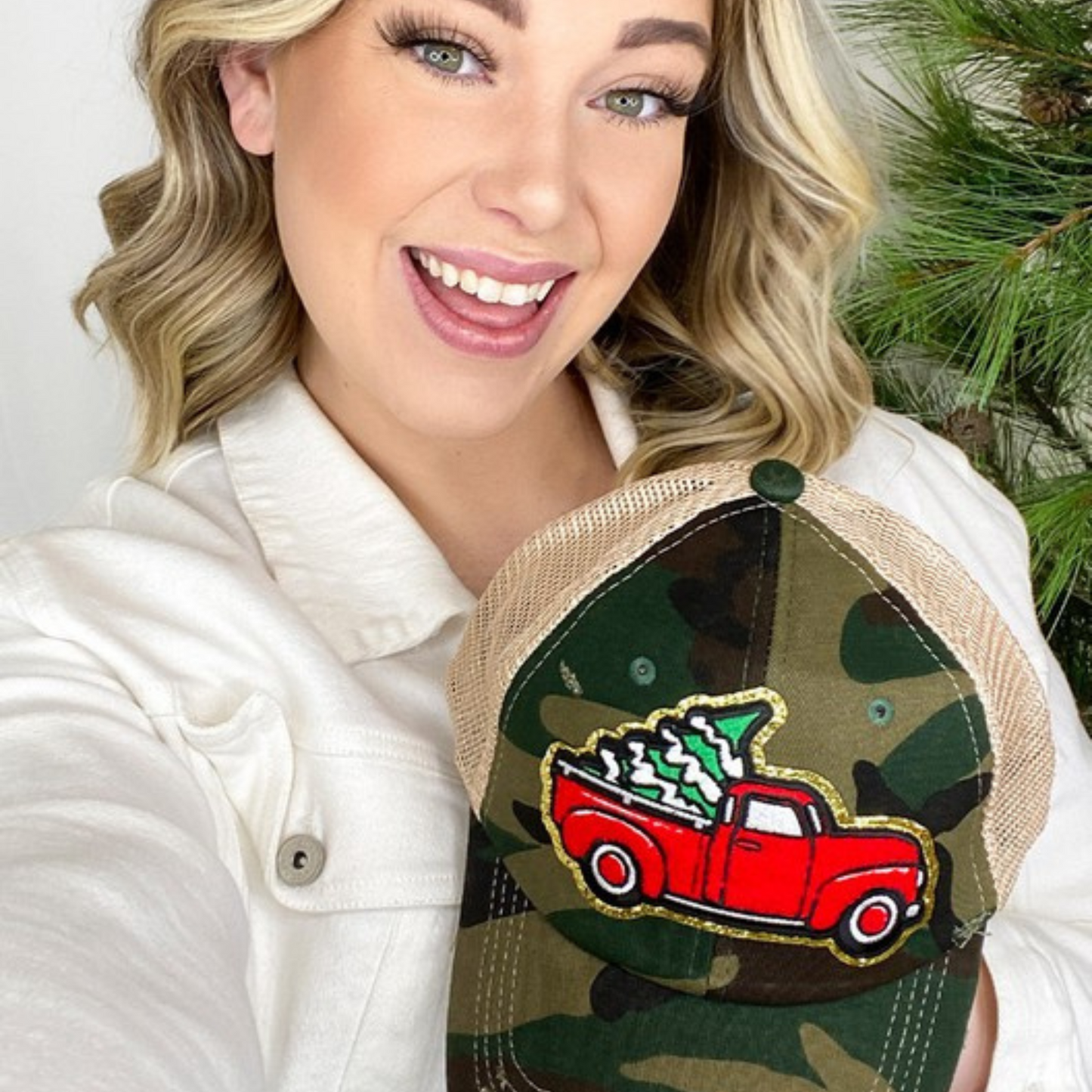 Chenille Christmas Vintage Truck Hat  Camo Green One Size 