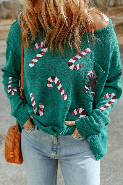 Candy Canes & Gingerbread Sequin Sweater Tops Green S 