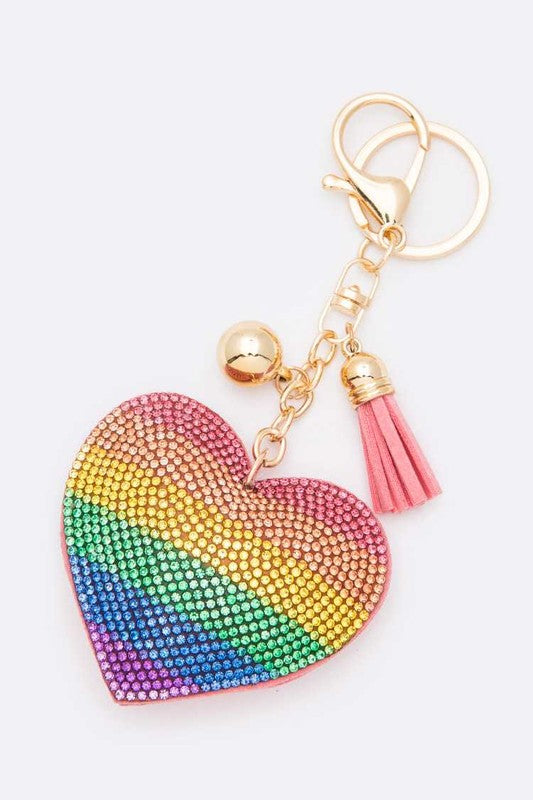 Rainbow Heart Rhinestone Keychain  Multicolor  