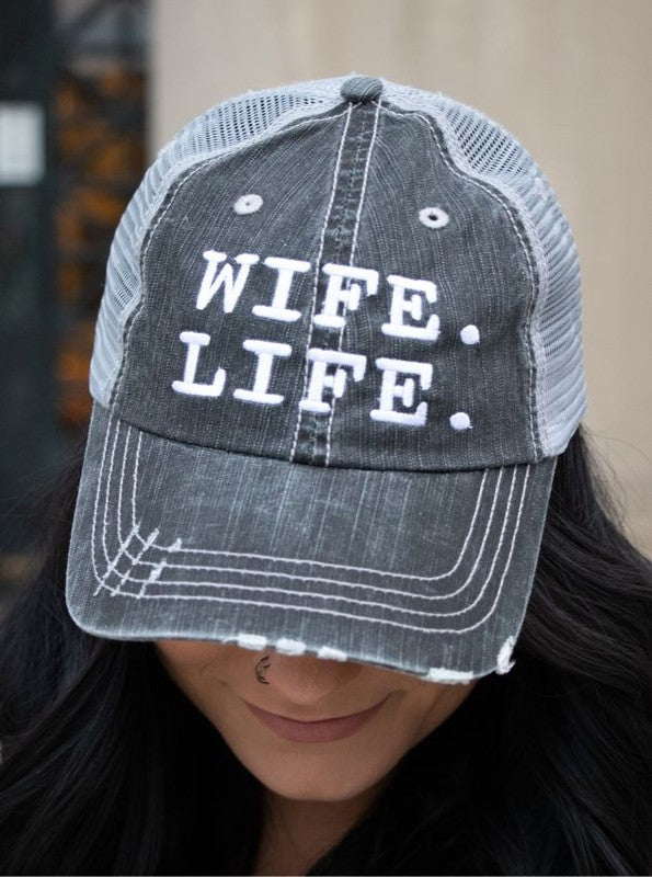 Wife. Life. Embroidered Trucker Hat  Grey Mesh Trucker OS 