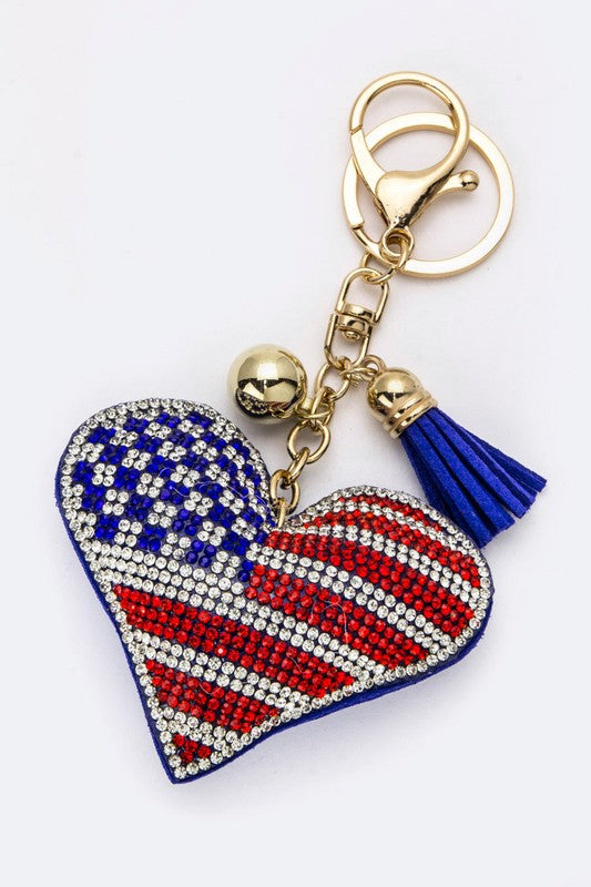 Star-Spangled Heart Crystal Keychain  Red & Blue  