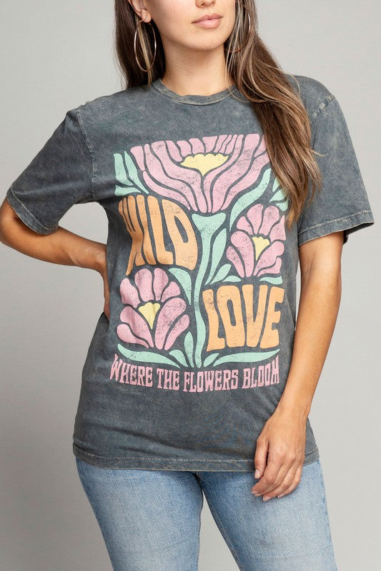 Wild Love Where The Flowers Bloom Graphic Top  Stone Gray Mineral Wash S 