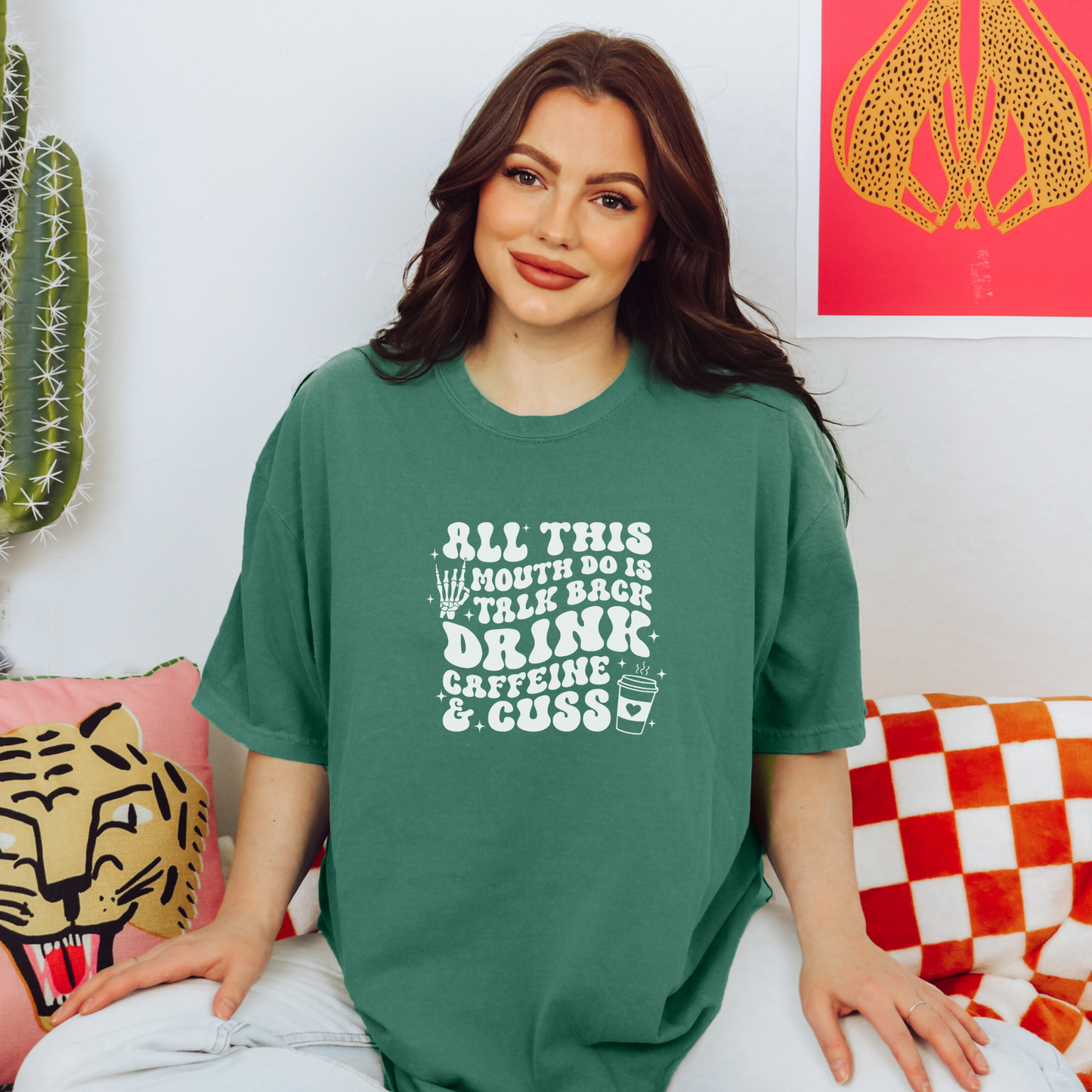 Talk Back, Drink Caffeine, & Cuss Tee T-Shirt Light Green S 