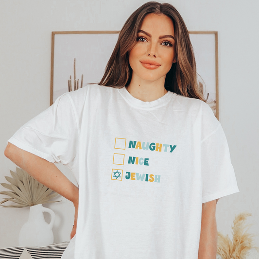 Naughty, Nice, Jewish Tee T-Shirt White S 