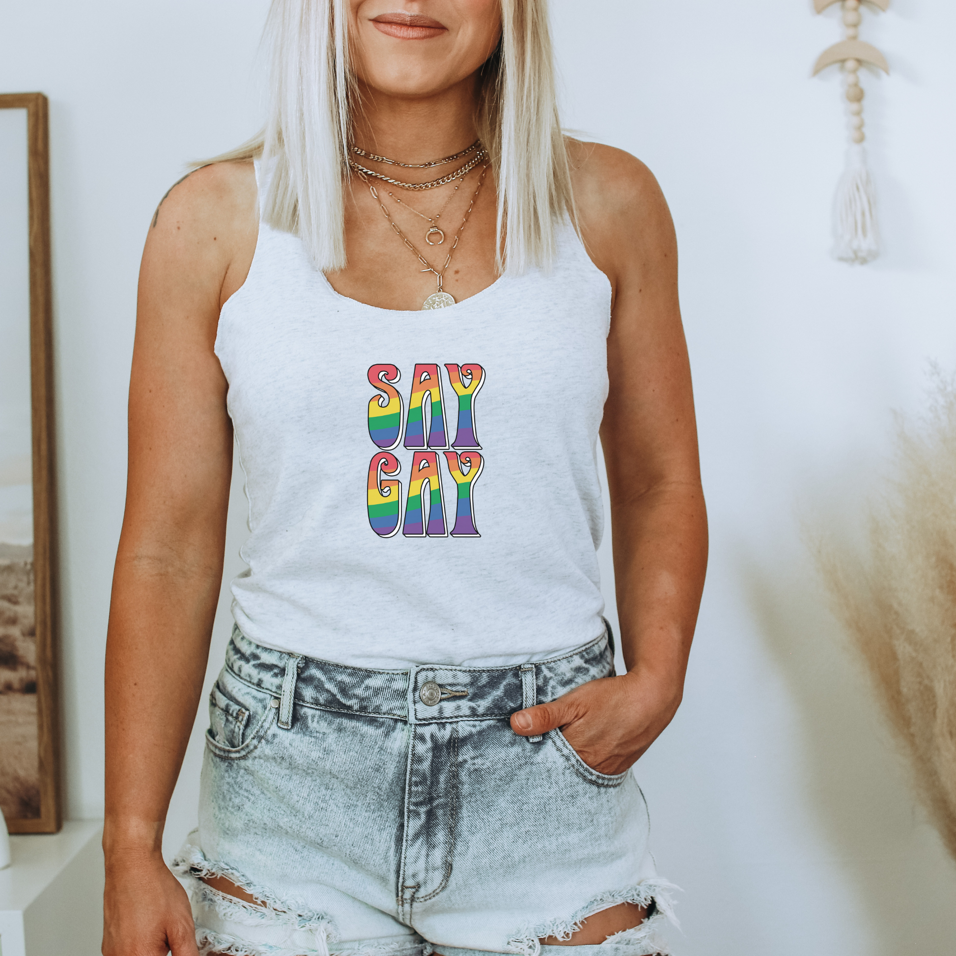 Say Gay Tank Top Tank Top Tri-Blend Heather White XS 