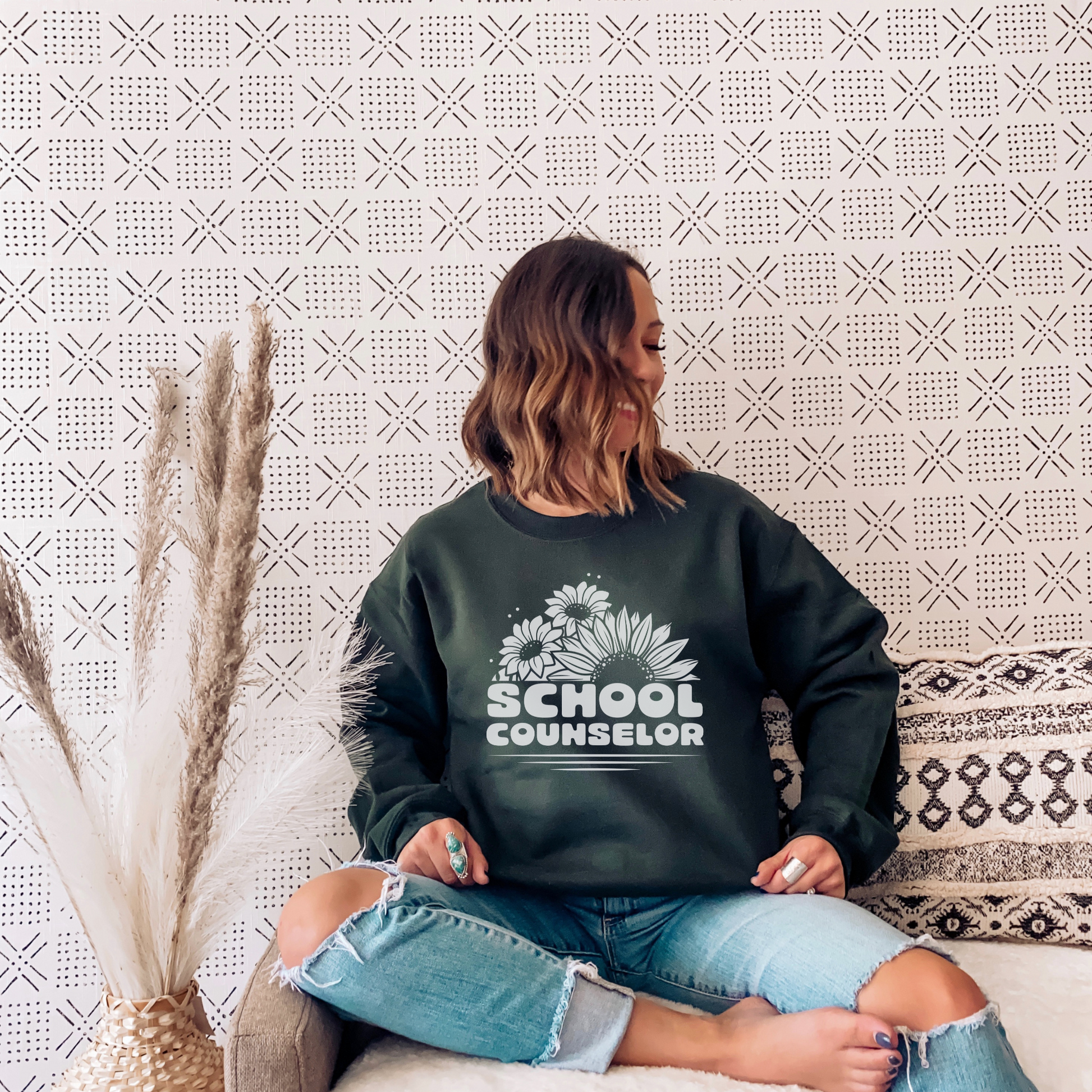 Floral School Counselor Sweatshirt Sweatshirt M Forest Green 