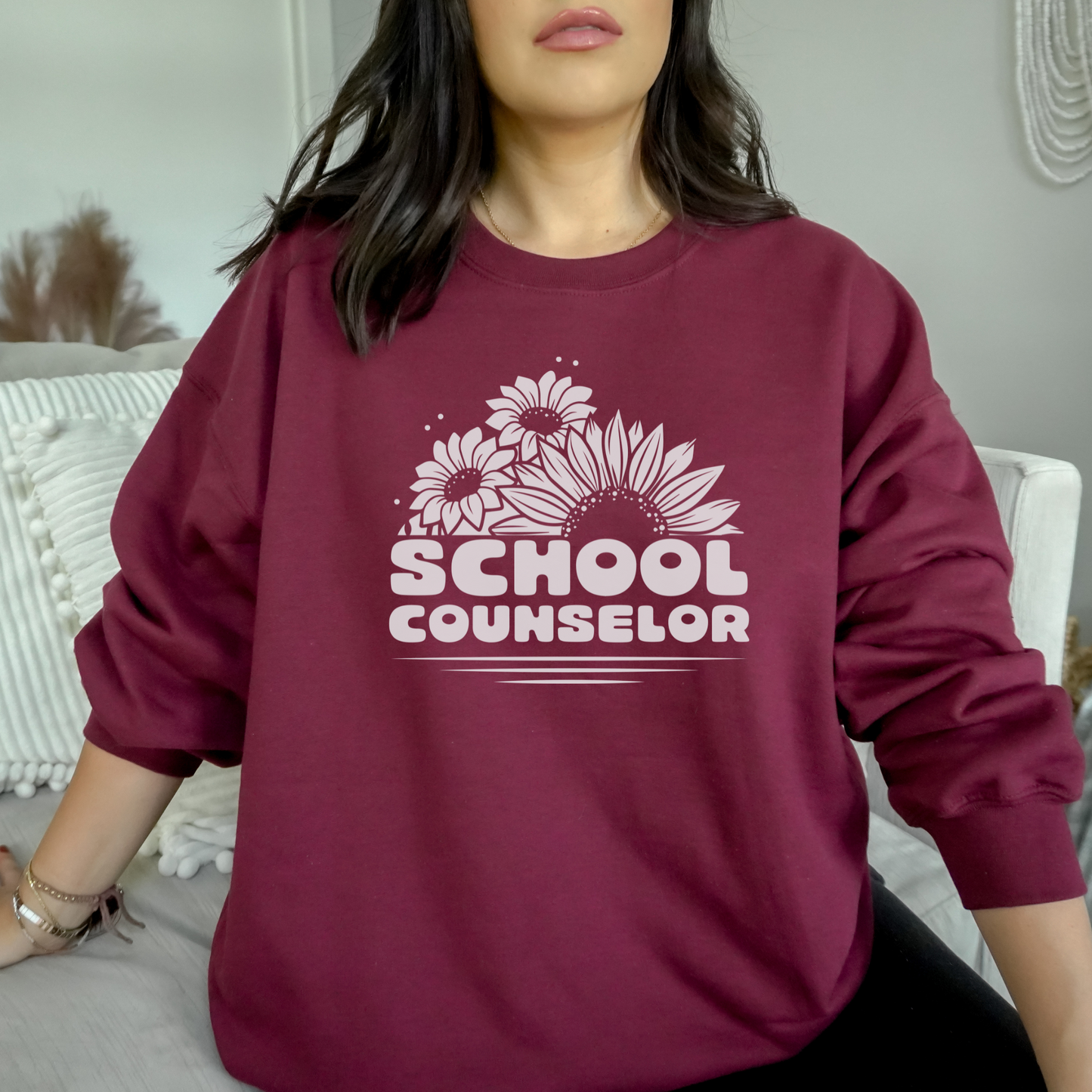 Floral School Counselor Sweatshirt Sweatshirt S Maroon 