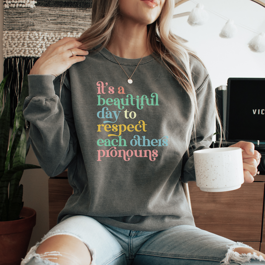 It's a Beautiful Day to Respect Each Other's Pronouns Sweatshirt Sweatshirts Pepper S 