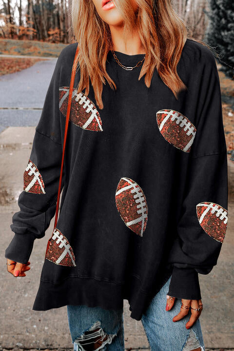 Sequin Football Patch Slit Sweatshirt  Black S 