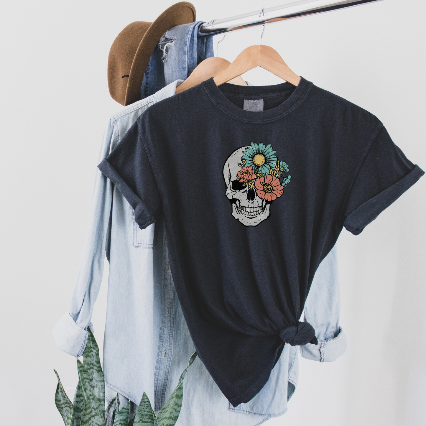 Floral Skull Vintage Tee T-Shirt Black 3XL 