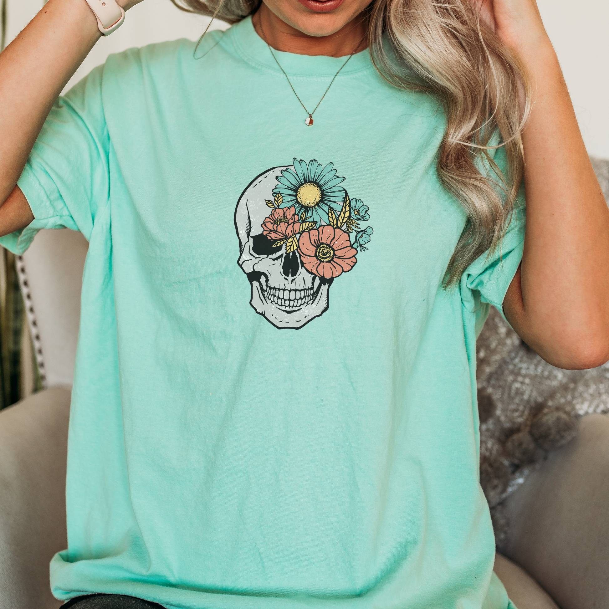 Floral Skull Vintage Tee T-Shirt Chalky Mint S 