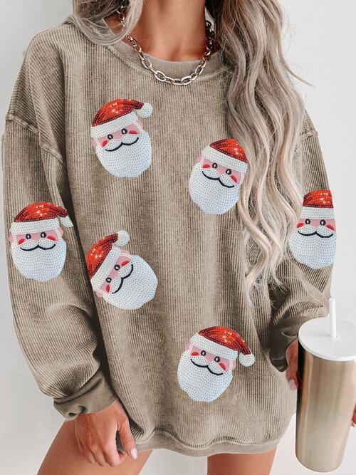 Sequin Santa Patch Ribbed Sweatshirt  Camel S 