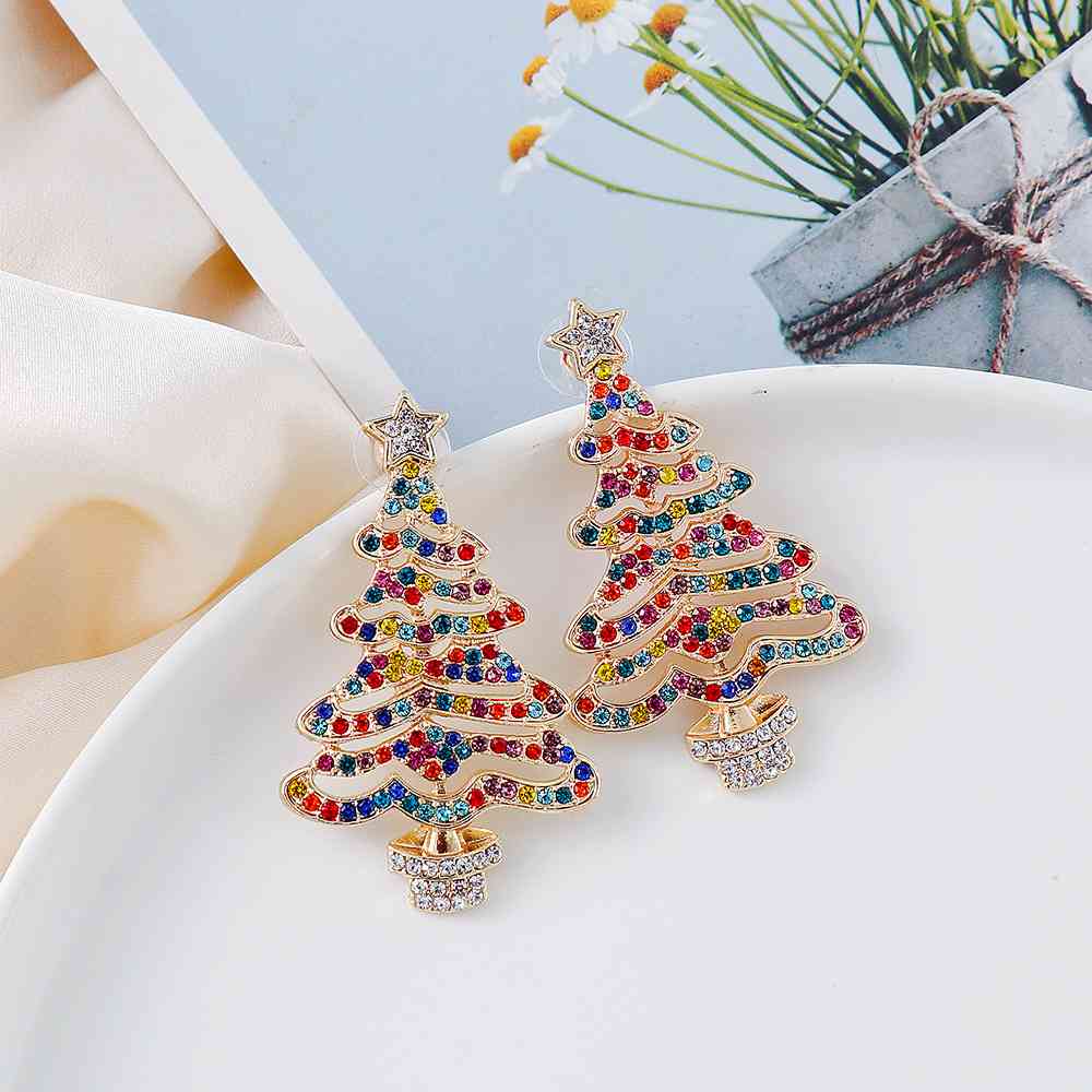 Rainbow Rhinestone Christmas Tree Earrings  Multicolor One Size 