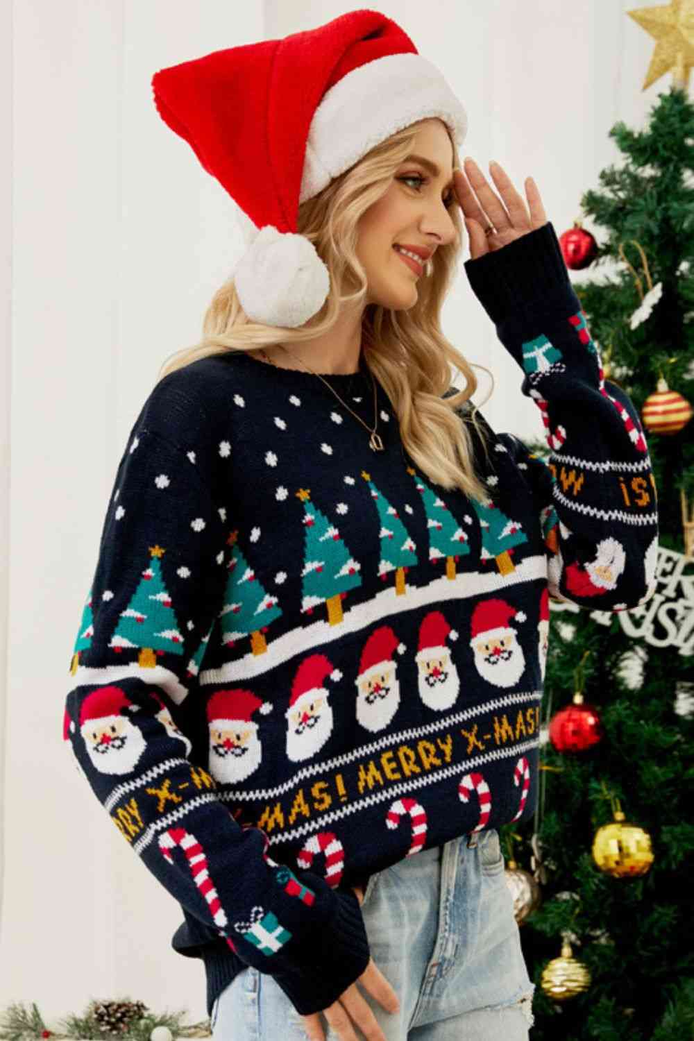 Merry X-Mas Ribbed Trim Sweater    