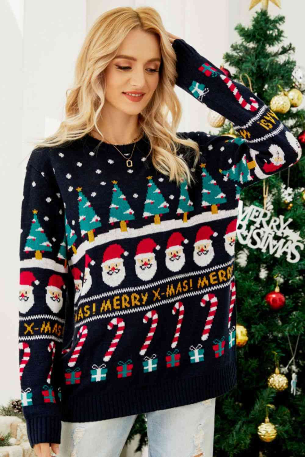 Merry X-Mas Ribbed Trim Sweater    