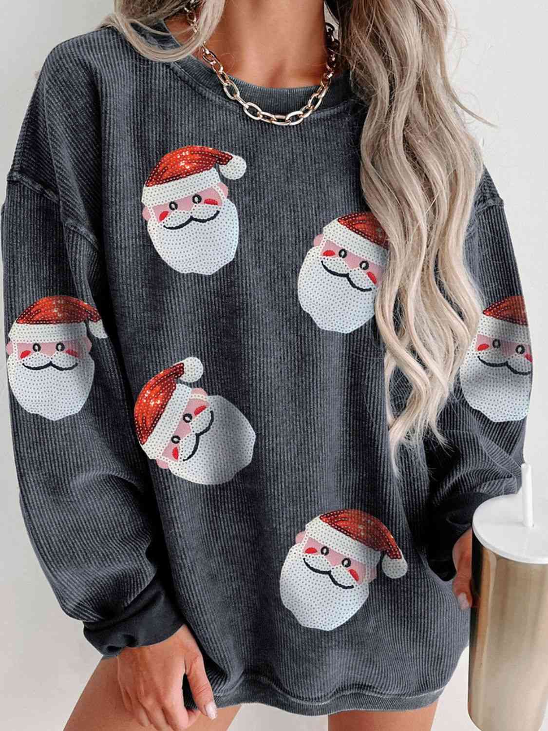 Sequin Santa Patch Ribbed Sweatshirt  Charcoal S 