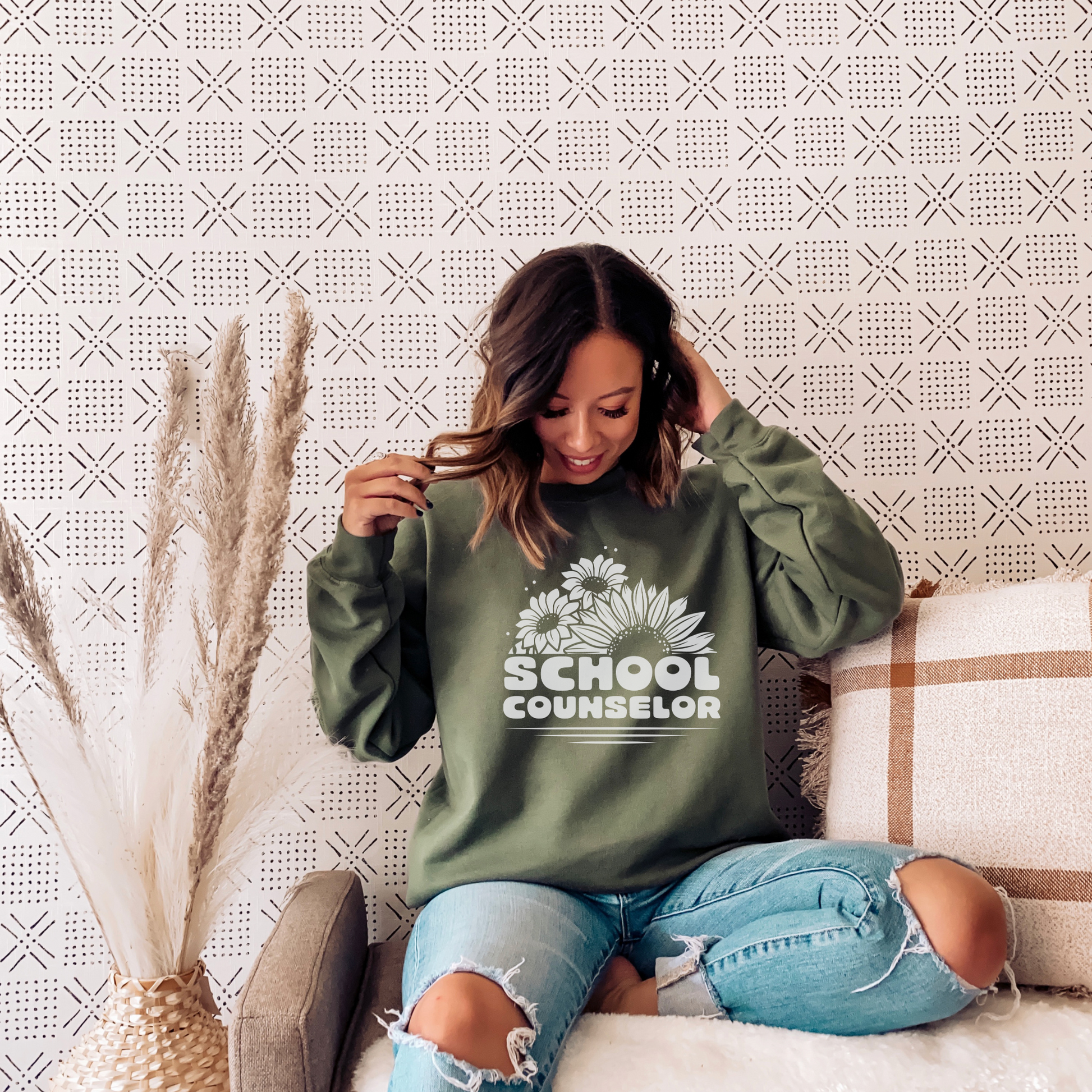 Floral School Counselor Sweatshirt Sweatshirt S Military Green 