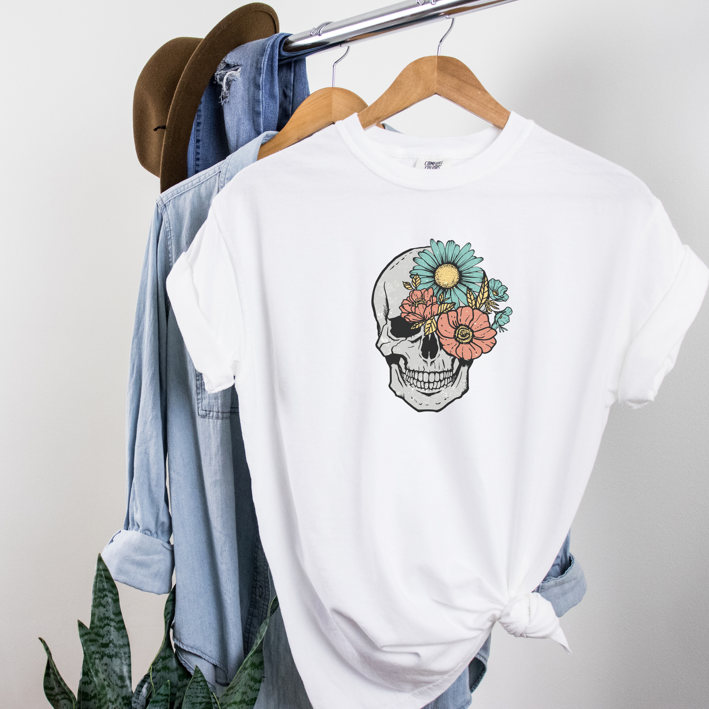 Floral Skull Vintage Tee T-Shirt White 3XL 