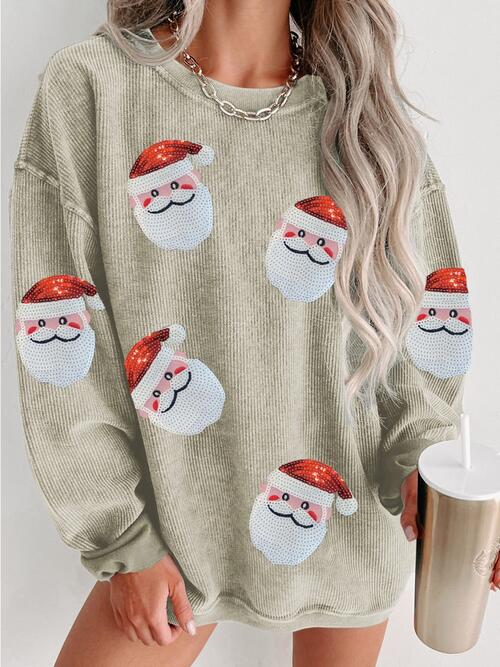 Sequin Santa Patch Ribbed Sweatshirt  Mist Green S 