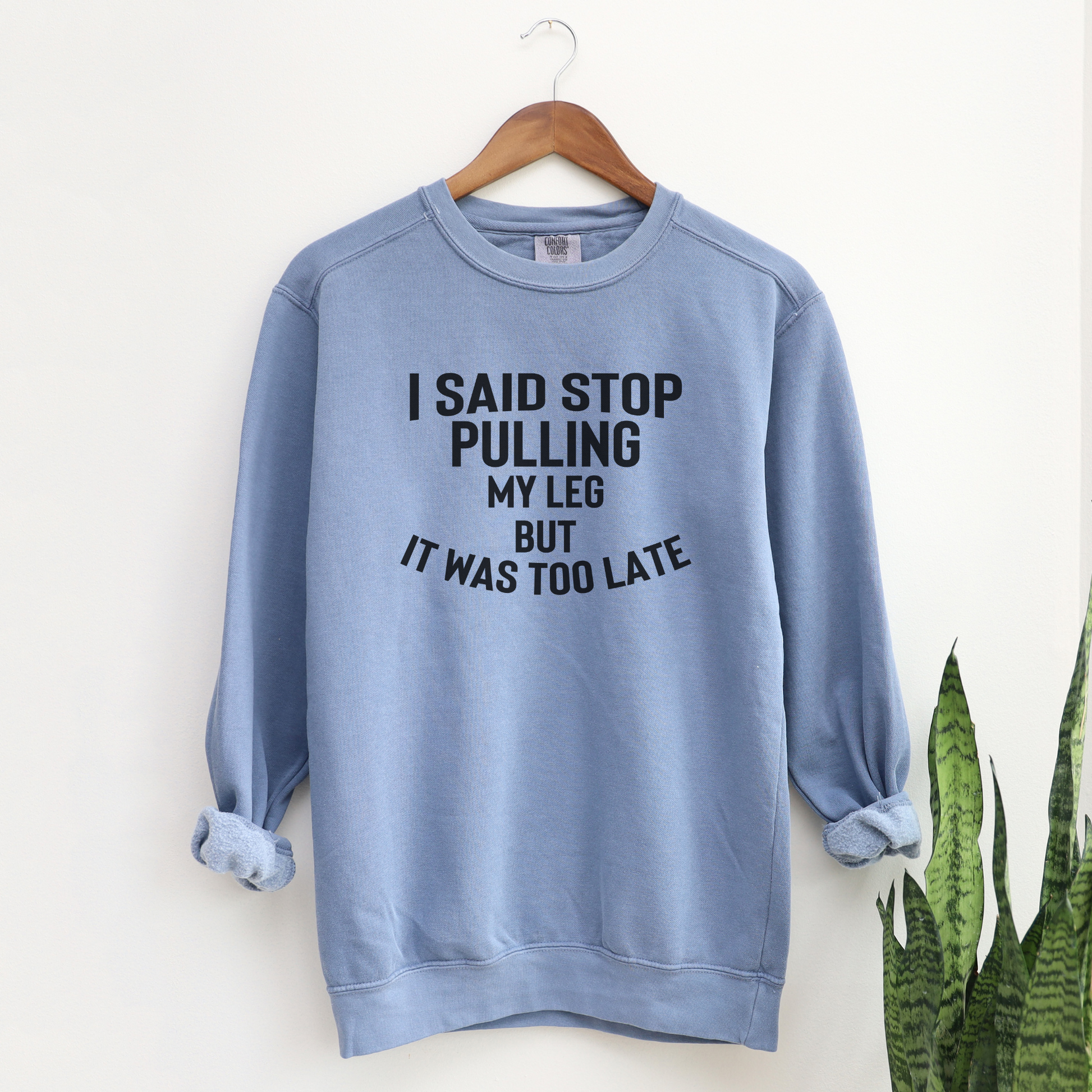 I Said Stop Pulling My Leg, But it Was Too Late Sweatshirt Sweatshirts Blue Jean S 