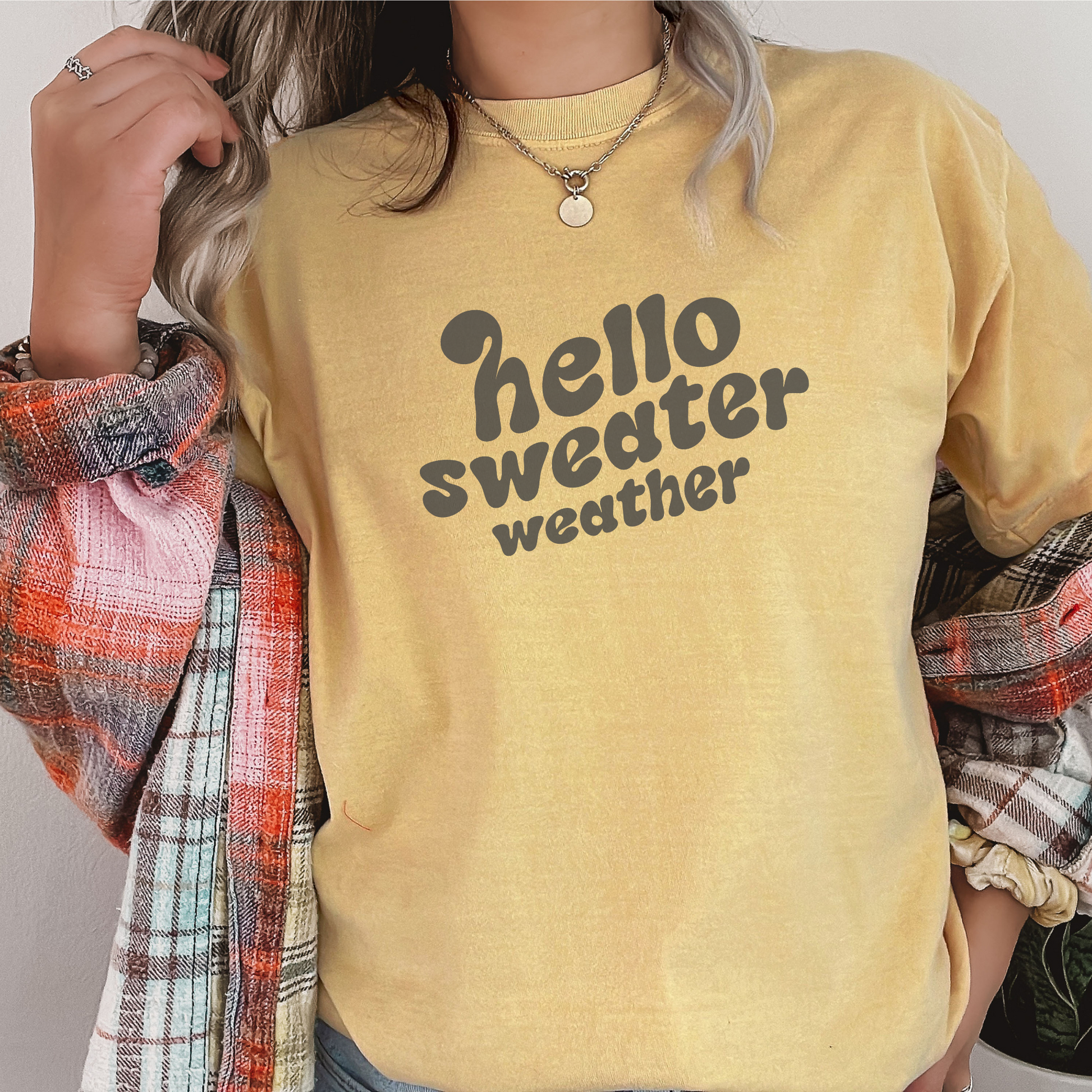 Hello Sweater Weather Tee T-Shirt Mustard S 