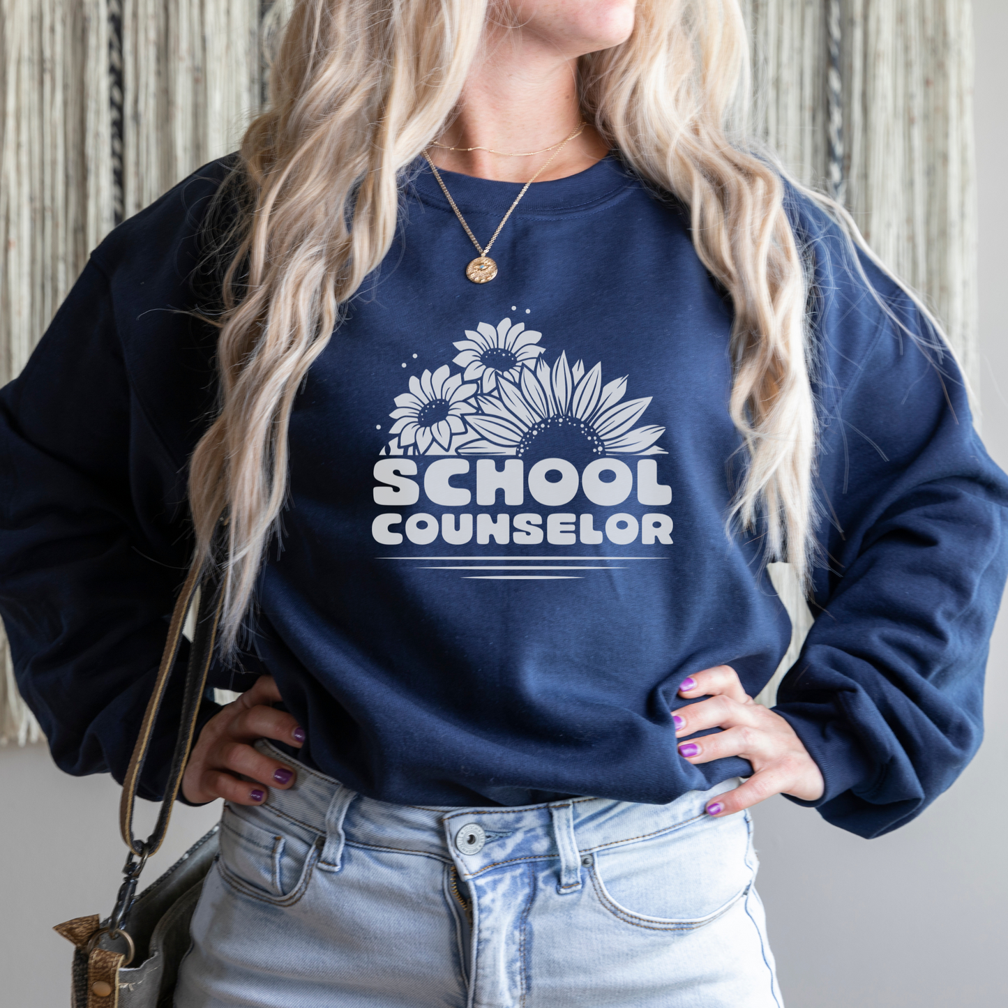 Floral School Counselor Sweatshirt Sweatshirt S Navy 