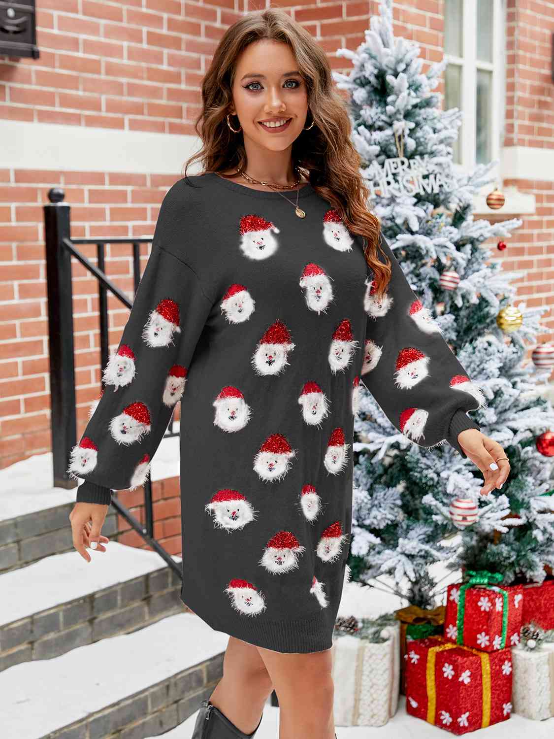 Santa Claus Sweater Dress  Charcoal S 