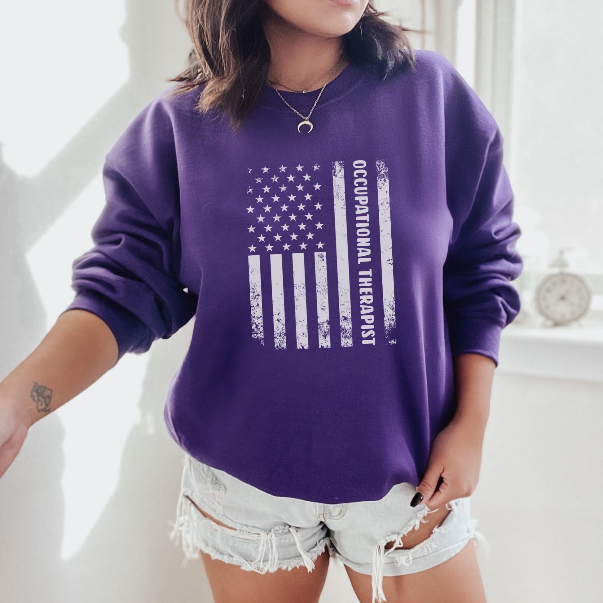 Occupational Therapist American Flag Sweatshirt Sweatshirt S Purple 