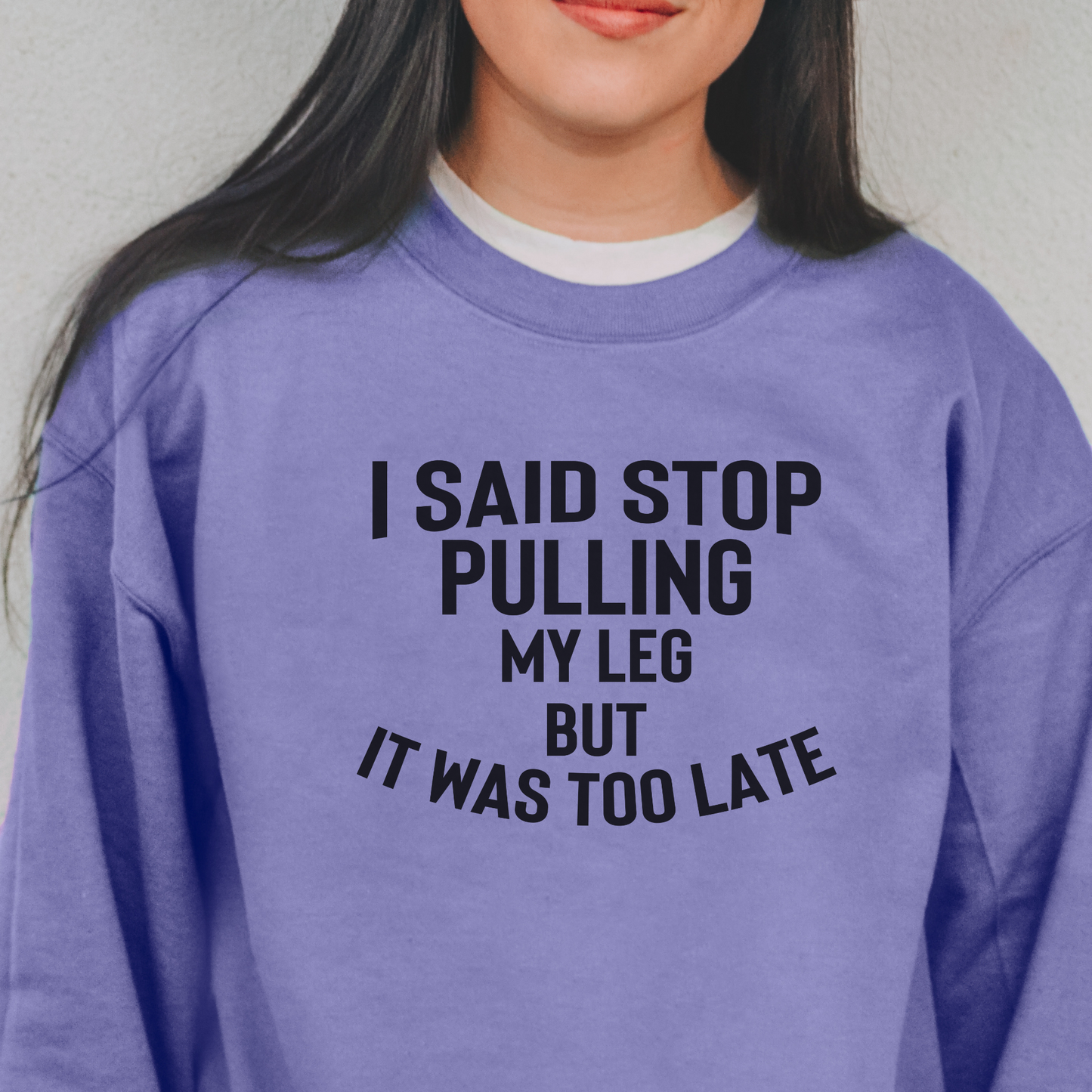 I Said Stop Pulling My Leg, But it Was Too Late Sweatshirt Sweatshirts Violet S 