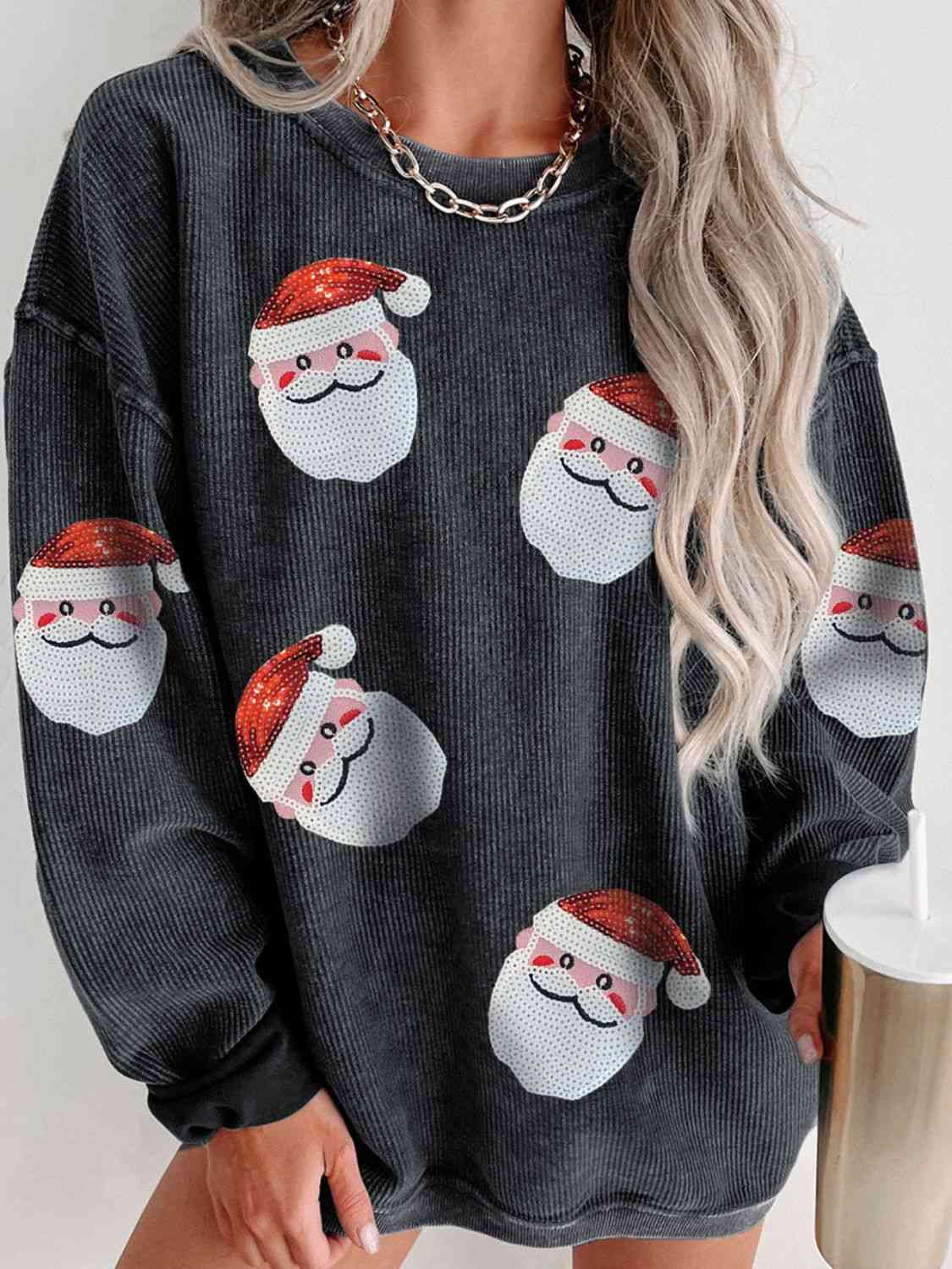 Sequin Santa Patch Ribbed Sweatshirt  Black S 